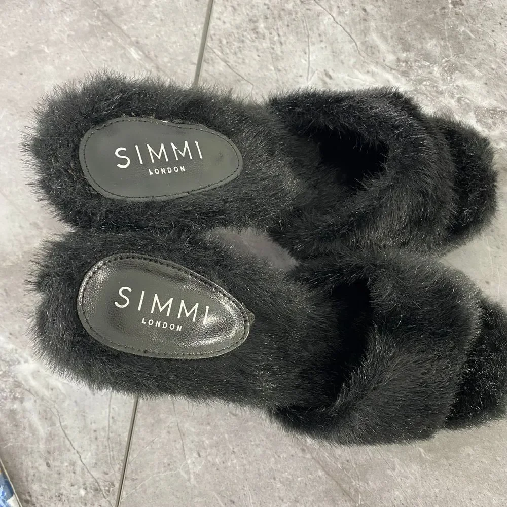 SIMMI Womens‎ 7 London Black Faux Fur Platform Heeled Sandals Fuzzy Chunky Party